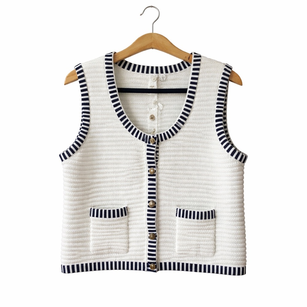 Joie Cream Knit Sweater Vest Large NWT Navy Trim Gold Buttons Coastal Preppy